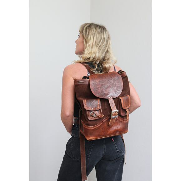 Unbranded Handbags - 1990's Vintage Mexican Tooled Leather Suede Backpack Folk Artisan Embossed Bag
